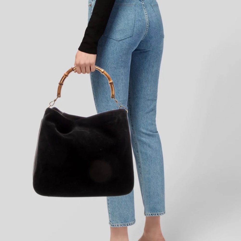 GUCCI Suede Slouchy Bohemian Lady Mob Wives Natural Bamboo Wood Handle Hobo Bag - Picture 4 of 8